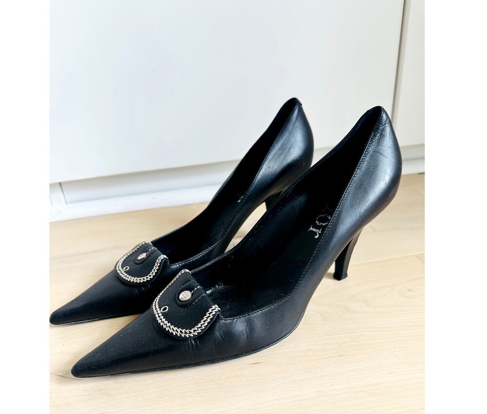 Christian Dior Stiletto Black Heels Size 10 Pointed Toe Leather y2k Era Classic